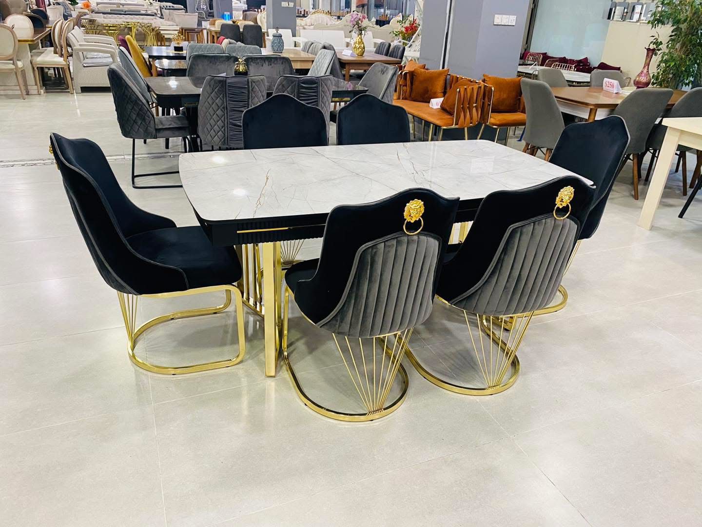 White Marble & Gold Dining Set with Velvet Chairs