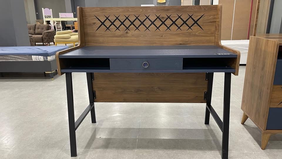 Walnut & Navy Study Desk with Lattice Detail