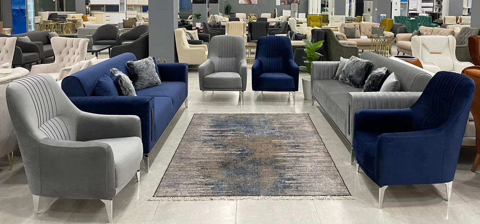 Grey & Navy Velvet Sofa Suite with Armchairs