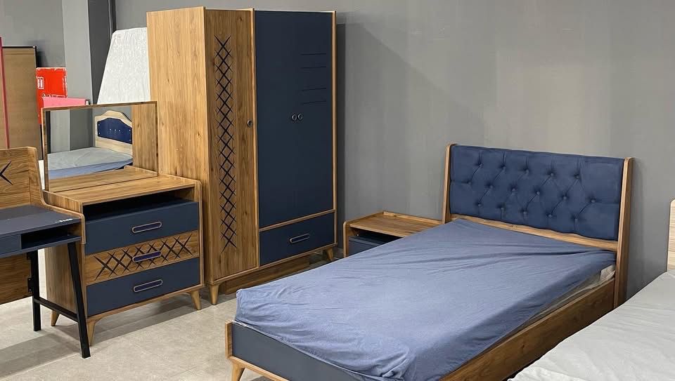 Navy & Walnut Single Bedroom Set with Wardrobe